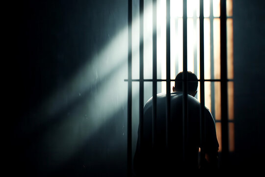 Dark prison cell with a shadowy figure behind bars, symbolizing life imprisonment for a criminal