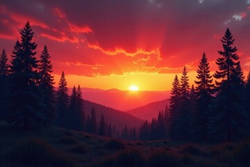 Obraz premium Orange and red hues bleed into the sky as pine forest burns, sunset blaze, landscape