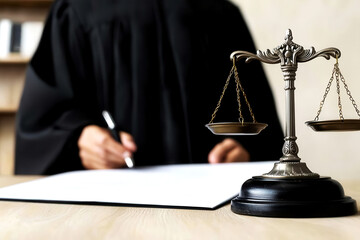 Judge holding a legal document with a criminal in the background, symbolizing the finality of a life imprisonment sentence