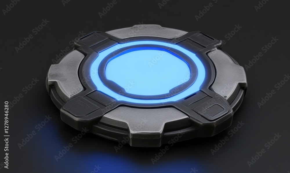 Poster glowing sci-fi button on dark background for ui/ux design