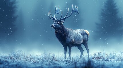 Majestic Stag in Winter Wonderland Snowfall Frozen Grass Antlers