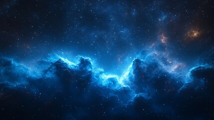 Vibrant blue nebula with stars and cosmic dust.