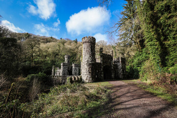 Ballysaggartmore Towers, Ireland, showcasing its striking Gothic gatehouse ruins amid lush woodland