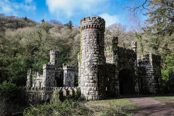 Ballysaggartmore Towers, Ireland, showcasing its striking Gothic gatehouse ruins amid lush woodland