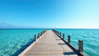 Fototapeta premium Pier extends into distance with clear blue sky above, scenery, peaceful