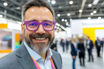 Close up picture of a happy and laughing staff or participant people group listening to a startup business owner at a trade show exhibition event Generative AI
