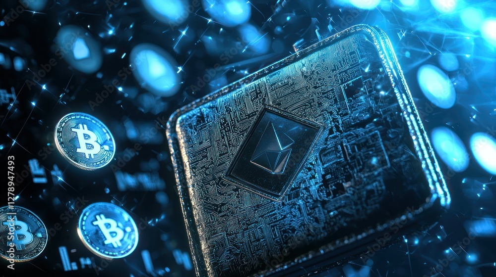 Aufkleber A modern 3D wallet with coins and digital currency icons floating around it. 
