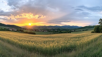 Fototapeta premium Peaceful view of lush green hills and grassy fields under a vibrant sunset sky in Tuscany during spring