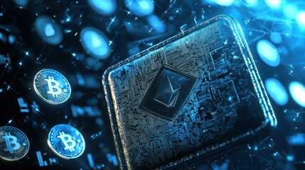 A modern 3D wallet with coins and digital currency icons floating around it. 