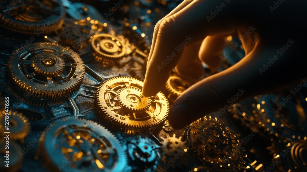 Poster a hand adjusting golden gears, symbolizing precision and control in automation processes.