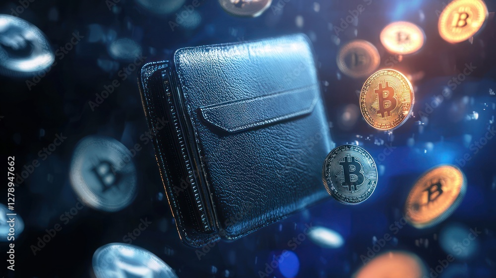 Aufkleber A modern 3D wallet with coins and digital currency icons floating around it. 