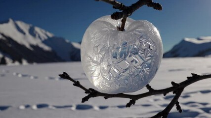 A Translucent Ice Apple Hanging from a Tree Branch Overlooking a Snowy Mountain – Ethereal Frozen Fruit Glowing Against a Crisp Winter Landscape with Frosty Air and Majestic Peaks in the Distance - Powered by Adobe