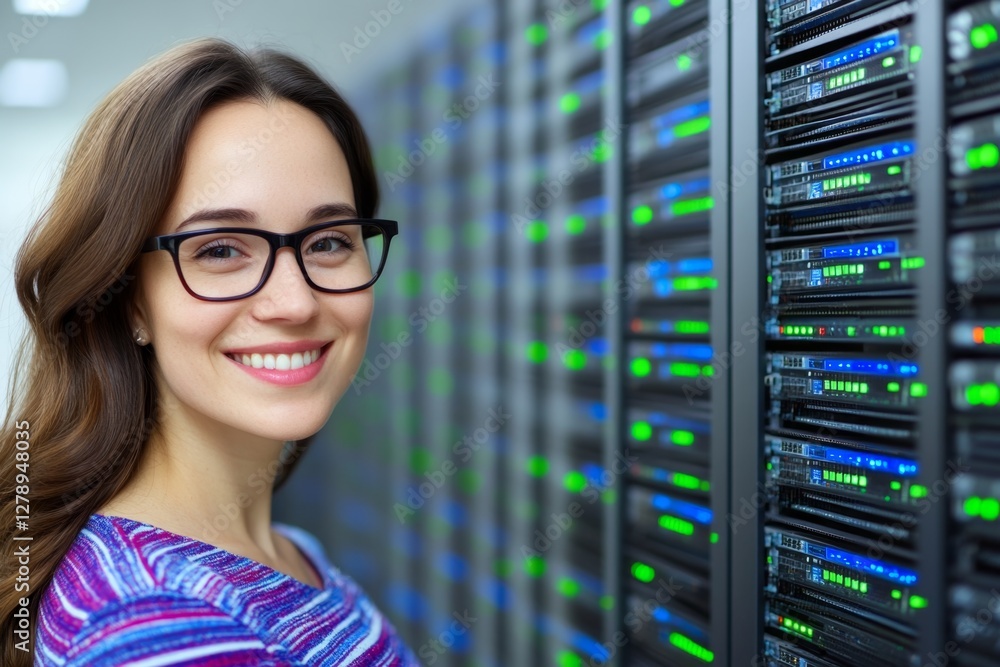 Poster Abstract of modern high tech internet data center room with rows of racks with network and server hardware