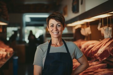 Portrait of a middle aged female butcher smiling in a butcher shop