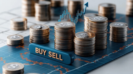 Stacks of coins on blue platform with buy and sell indicators, representing financial trading and investment strategies