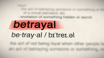 The word "betrayal" in a dictionary, showing its definition and meaning