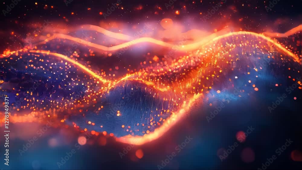 Poster a futuristic abstract data background with glowing orange digital waves forming a flowing motion pat