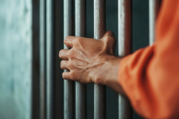 A close-up of a hand gripping prison bars, symbolizing confinement and the struggle for freedom in a dark setting.