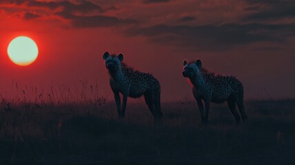 Fototapeta premium Two Hyenas at Sunset in African Savanna