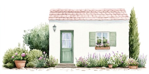 Fototapeta premium Dream Home Watercolor: A charming watercolor illustration of a whimsical home, cozy house, , elegant home, showcasing sleek architecture and a welcoming design.
