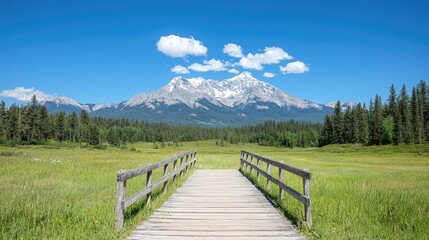Fototapeta premium Wooden boardwalk leads through a green meadow toward majestic snow-capped mountains under a clear blue sky.