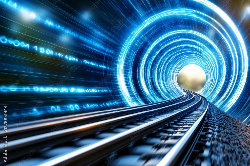 Poster abstract tunnel, corridor with rays of light and new highlights abstract blue background, neon scene
