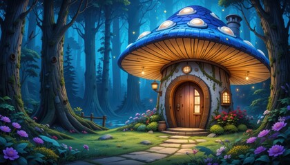 Obraz premium Enchanted Fairy Tale Mushroom House Surrounded by Magical Forest in Twilight with Glowing Lanterns and Colorful Flowers