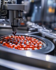 A close-up of automated machinery filling capsules with precise measurements in a factory