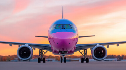 Obraz premium Colorful Jet Plane on Runway at Sunset