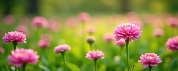 Obraz premium Soft pink ranunculus flowers scattered in a lush green meadow, spring bloom, nature