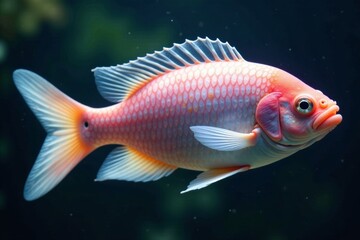 Fototapeta premium Iridescent pink and white scales overlapping with gray undertones creating a shimmering effect on the fish's body, shimmering, pink