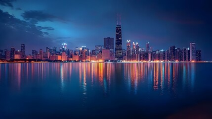 Fototapeta premium A panoramic view of the Chicago skyline at night 