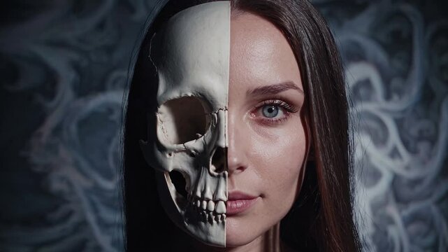 Hauntingly Beautiful and Ultra-Realistic High-Definition Portrait of a Woman with Half of Her Face Replaced by a Realistic Skull &ndash; Dark Fantasy Aesthetic with Dramatic Lighting, Intricate Bone Details
