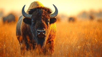 Majestic American Bison Bull in Golden Prairie Sunset Wildlife Photography