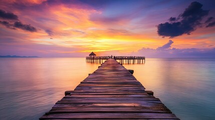 Fototapeta premium A beautiful wooden pier stretching out into the sea, with colorful sunset hues casting their glow over the water.
