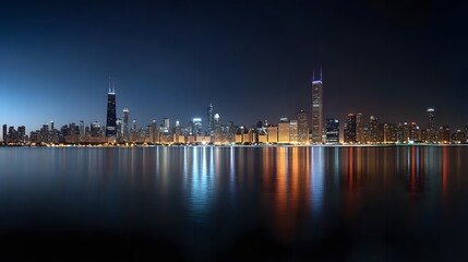 A panoramic view of the Chicago skyline at night
