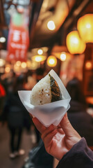 A hand in the middle of a Japanese market holding onigiri wrapped in crisp white craft paper.