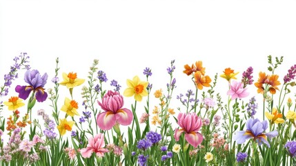 Fototapeta premium A vibrant array of blooming flowers in various colors against a blank background.