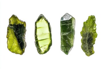 Naklejka premium Moldavite collection showcasing vibrant green stones with intricate textures on a white background