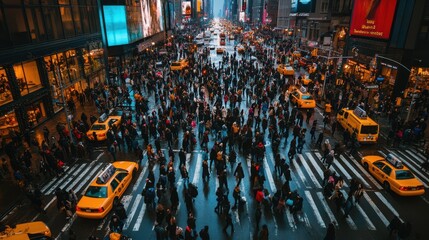 Crowds of people stroll through a vibrant city street illuminated by night lights, showcasing the energy and busyness of urban life.