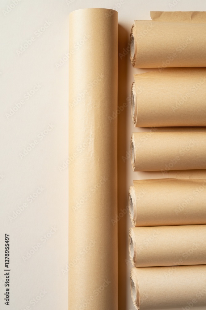 Poster simple gift wrapping paper rolls arranged vertically in soft light background for creative packaging