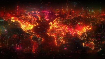 Naklejka premium Futuristic Digital World Map with Glowing Network Connections and Cityscape Overlay