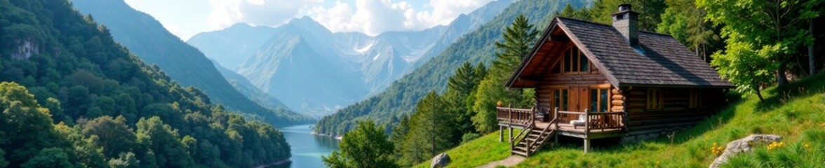 Mountain cabins with rustic charm, serene surroundings, and vibrant tropical colors, scenery, cabins