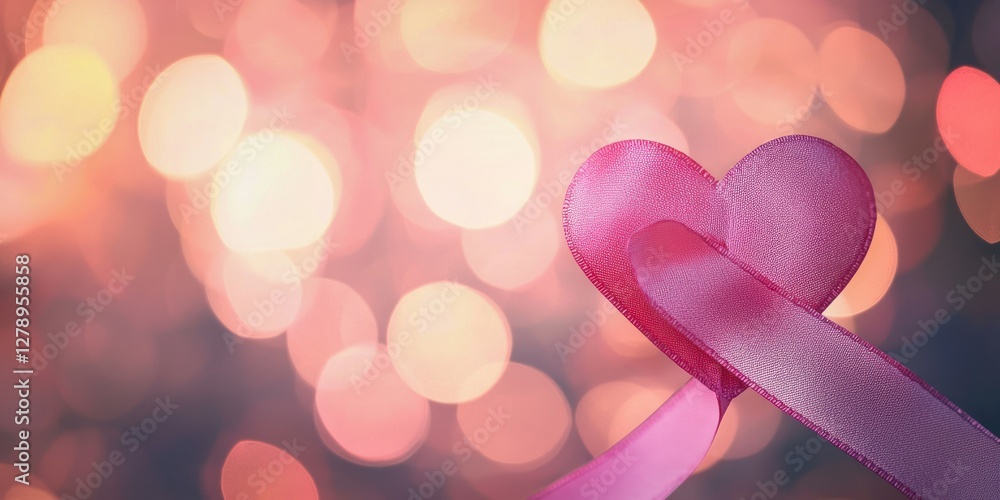 Poster a pink ribbon heart overlay on a blurred background with a message of hope