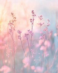 A field of pink flowers with a soft, pastel color palette