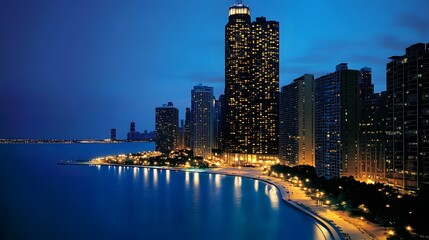 Obraz premium A panoramic view of the Chicago skyline at night 