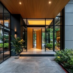 The entrance to a building has a large door and a potted plant on the steps