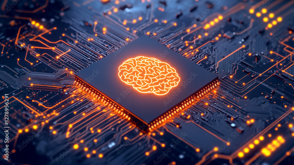 Poster close-up of a circuit board featuring a glowing brain design symbolizing artificial intelligence and