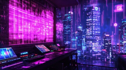 Neon Cyberpunk Cityscape: Digital Rain and Futuristic Technology