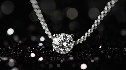 A carefully arranged jewelry composition featuring a solitaire diamond necklace on a rich black backdrop.